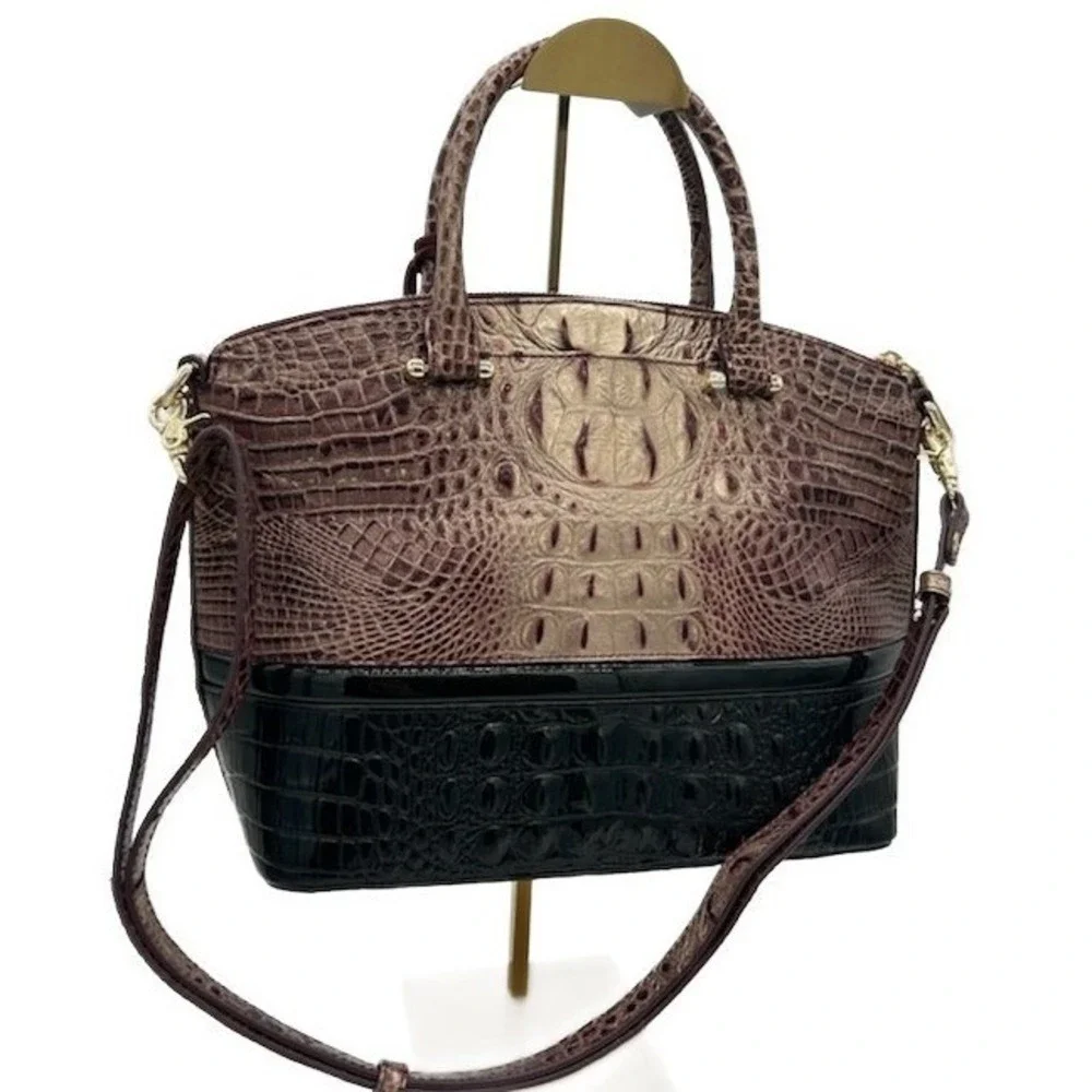 Brahmin Duxbury Satchel Handbag Crocodile Embossed Leather Burgundy Black Gold